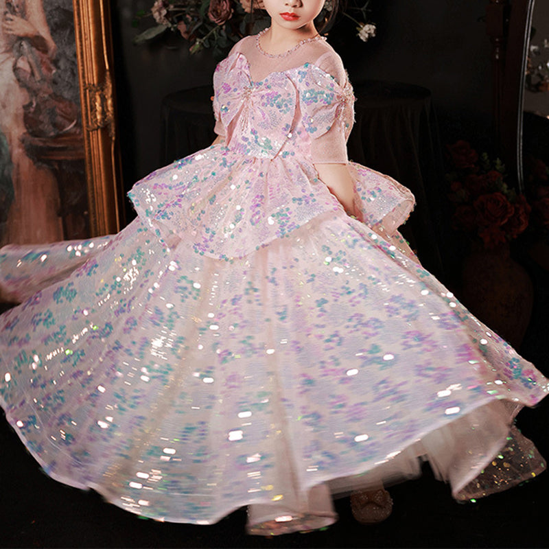 Blumenmädchenkleid, Kinderkommunionskleid, rosa Pailletten, bauschiges Prinzessinnenkleid 