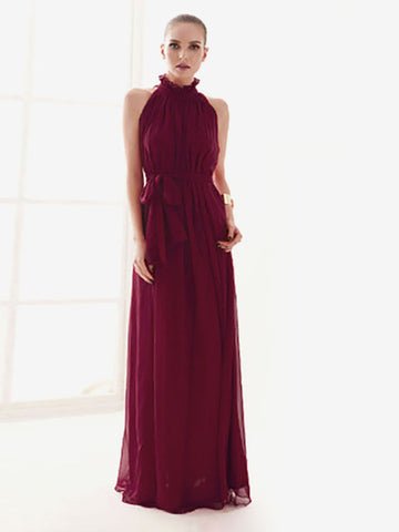 Summer Dress Maxi Dresses Purple Jewel Neck Lace Up Chiffon Beach Dress