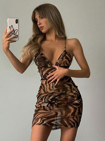 Sommerkleid mit Trägern am Hals und Leopardenmuster, Fransen, rückenfreies Leoparden-Strandkleid 