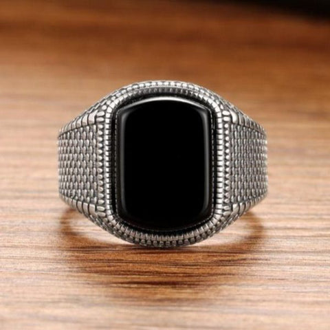 Anillo de plata de ley con índice de ónix vintage personalizado, ancho y marea. 