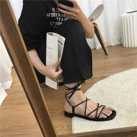 Flat Sandal Shoe All-Match Strappy Heels Shallow Mouth 2024 Women's Suit Female Beige Without Low  Gladiator Girls Outside New C