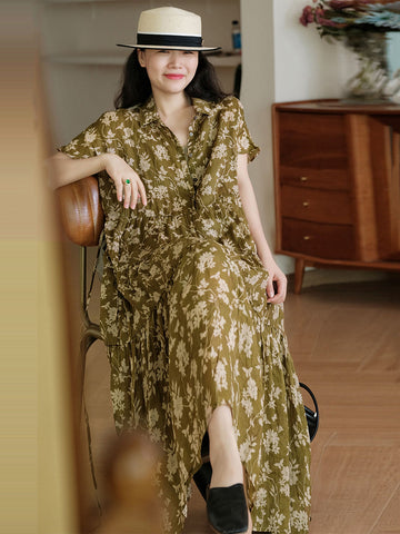 Women Summer Artsy Floral Drawstring Cardigan Ramie Dress