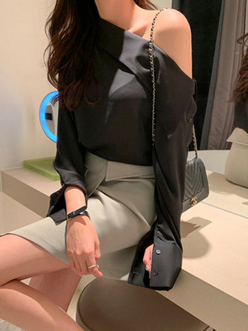 Long Sleeves Asymmetric Buttoned See-Through Solid Color One-Shoulder Blouses&Shirts Tops