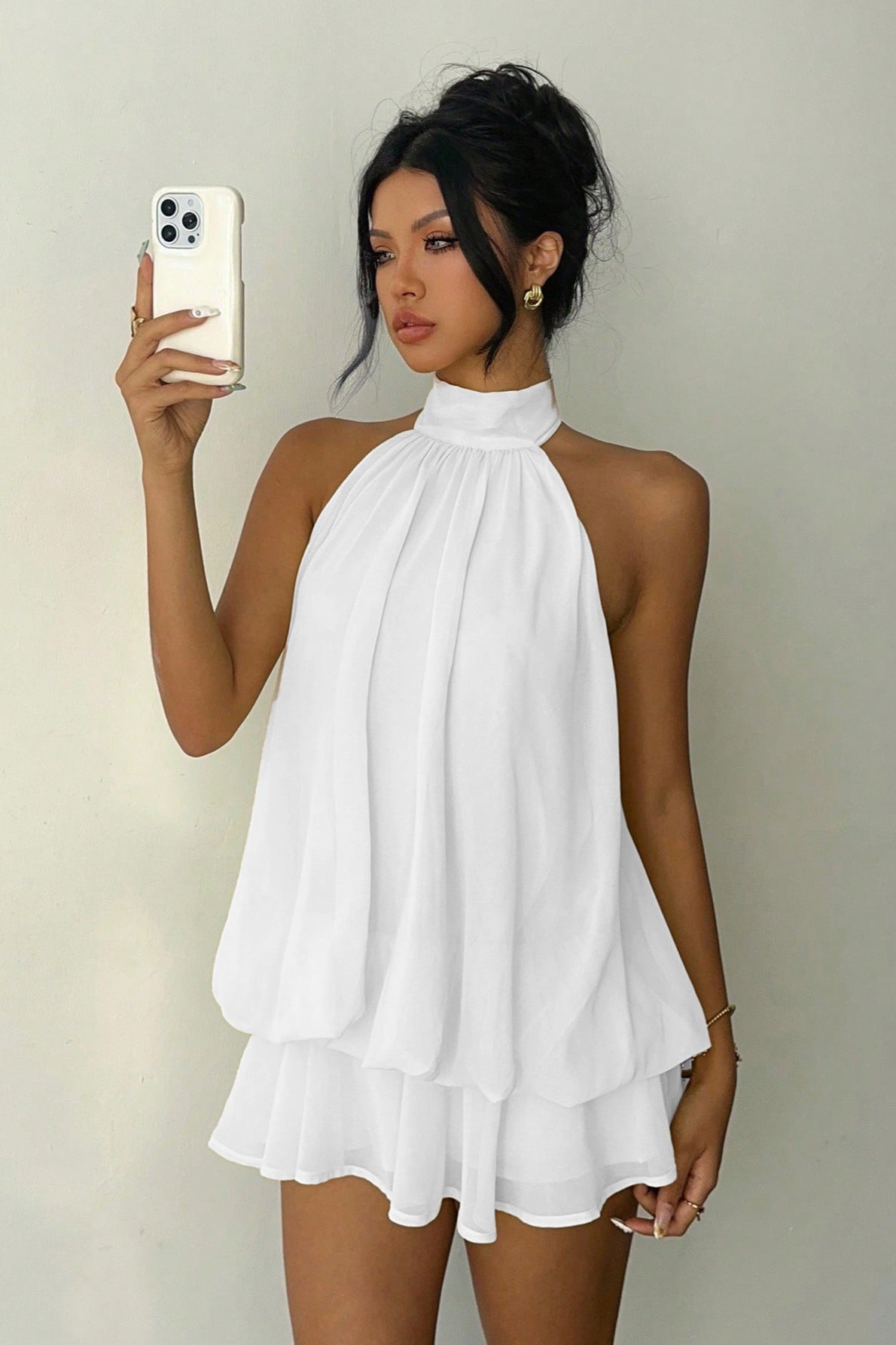 Solid Halter Cutout Back Tie Waist Cinch Mini Dress