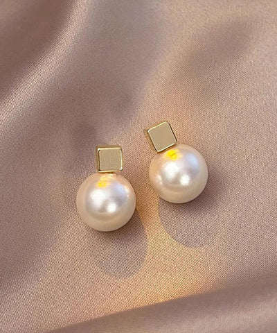 Art White Sterling Silver Overgild Pearl Stud Earrings