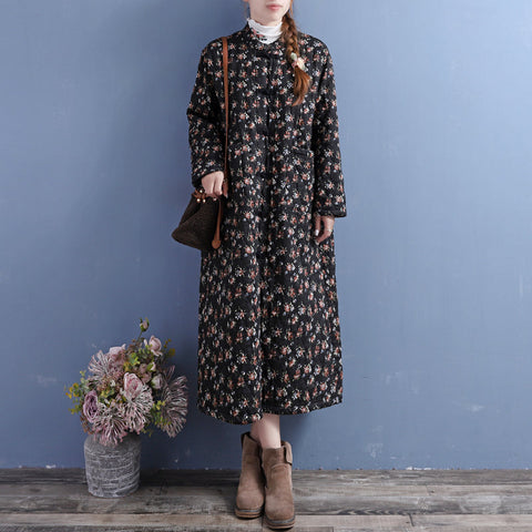 Vestido de lino y algodón acolchado con estampado floral retro de invierno 