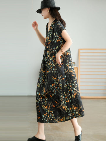 Women Vintage Floral Drawstring V-Neck Loose Dress
