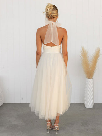 Vestido midi de tul con cuello halter, plisado, cintura imperio, espalda abierta, elegante vestido de fiesta 