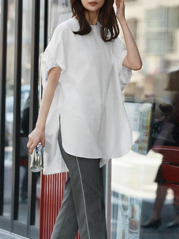 High-Low Loose Elasticity Solid Color Split-Side Rundhals-T-Shirts Tops 