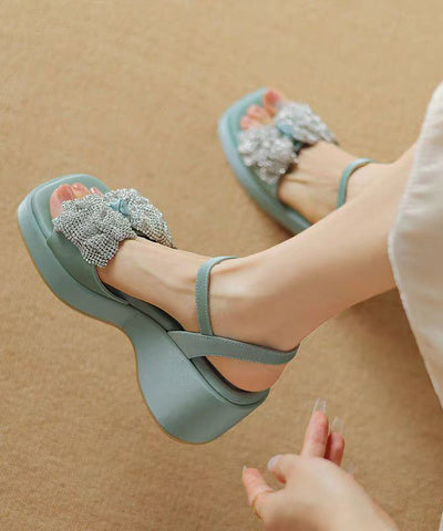 Schicke Zirkonia Schleife Spleißen Keil Sandalen Blau Rindsleder 