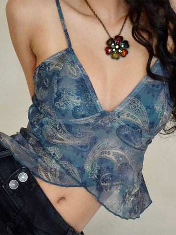 Mesh See Through Printed Vest Women Sexy Casual V-neck Sleeveless Suspender Camisole Patchwork Tank Top Streetwear
