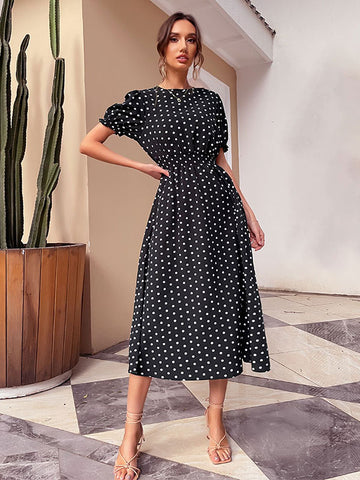 Polka Dot Classic Jewel Neck Short Sleeves Midi Dress