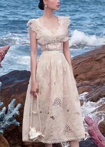 Floral Apricot V-Ausschnitt Aushöhlen Baumwolle Kleider Ärmellos 