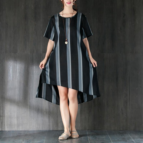 Short Sleeves Stripe Women Dress with Ribbon