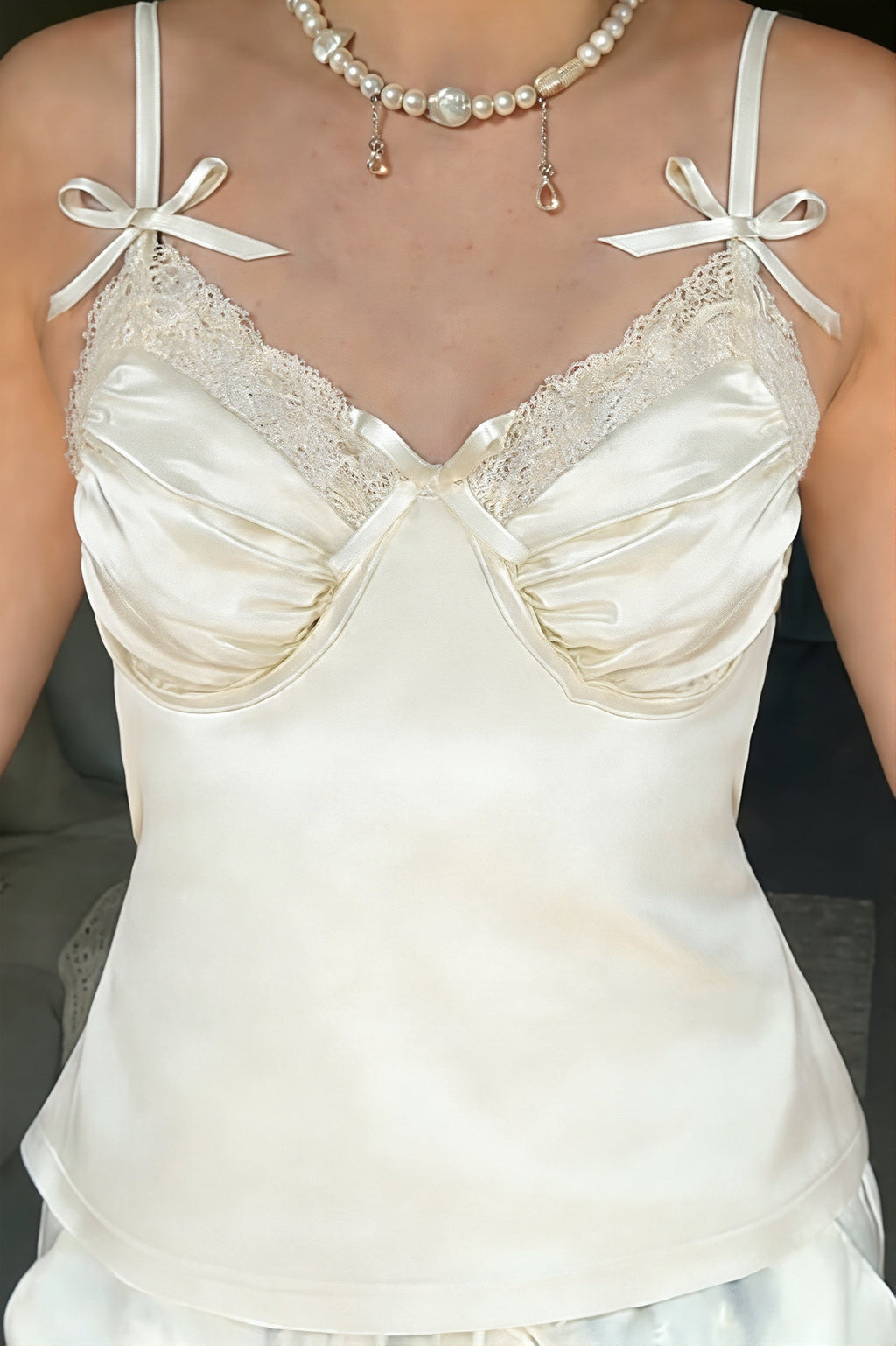 Sweet Satin Bow Ruched Cami Top