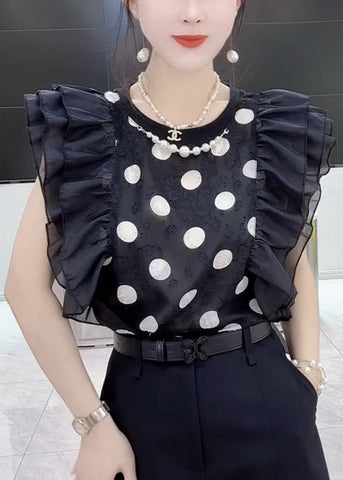 Nueva blusa de gasa negra con cuello redondo y volantes estampados de verano 