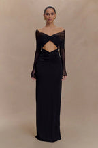 Sheer Mesh Cutout Off Shoulder Patchwork Maxi Dress