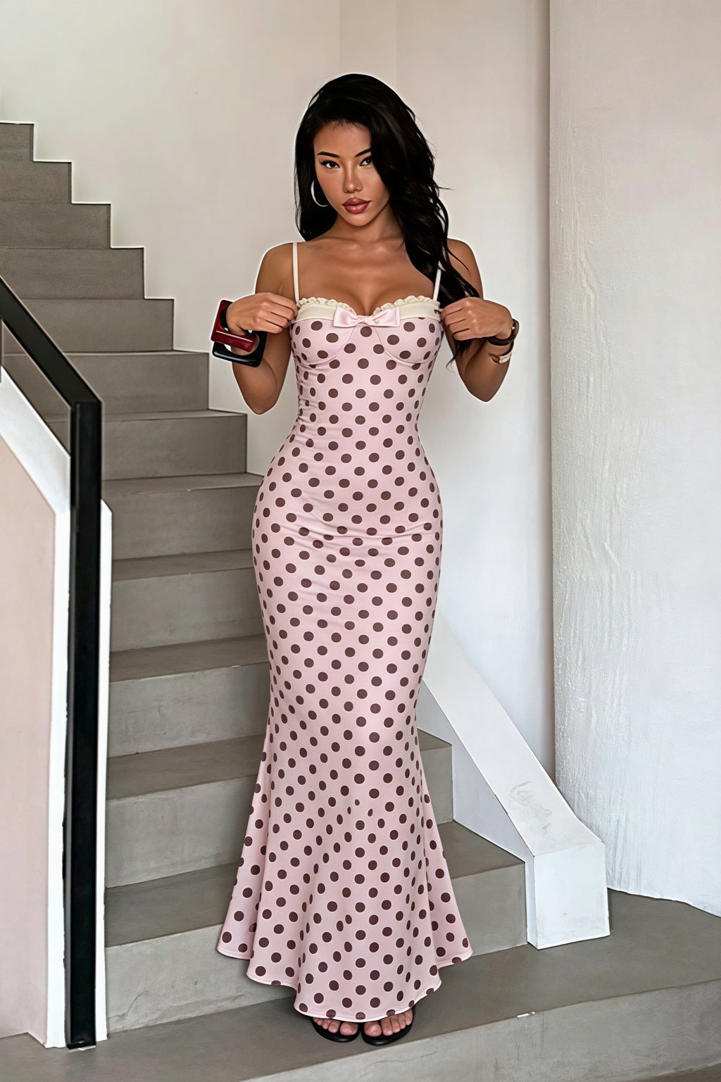 Polka Dot Spaghetti Strap Bodycon Maxi Dress