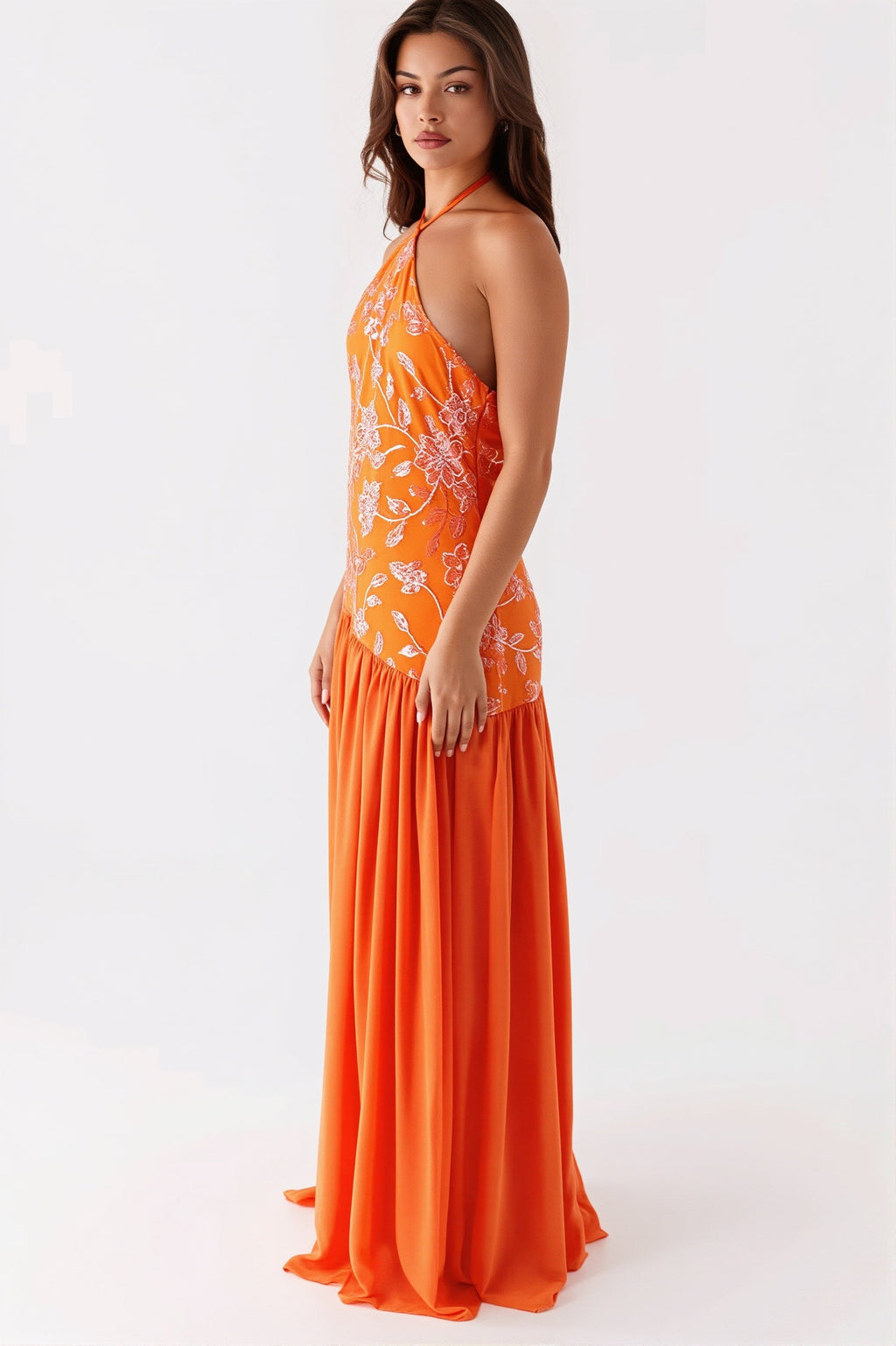 Beaded Splice Halter Neck Split Maxi Dress