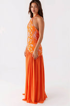 Beaded Splice Halter Neck Split Maxi Dress