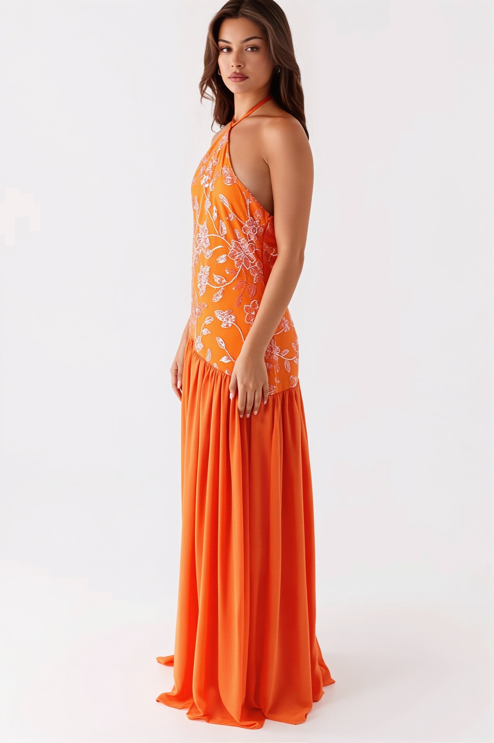 Beaded Splice Halter Neck Split Maxi Dress