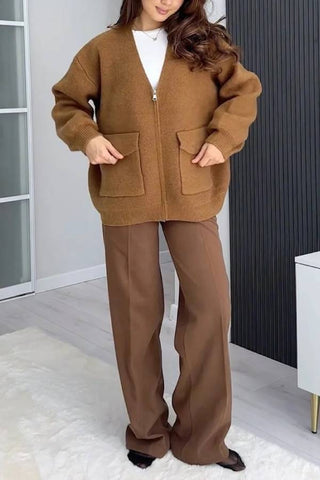 Solid Color Versatile V-Neck Pocket Sweater Jacket