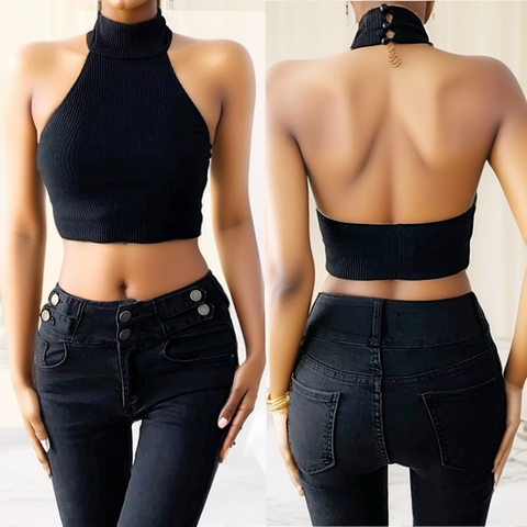 Tops de verano para mujer, básicos, informales, sin mangas, sexys, sin espalda, top corto con cuello halter, ropa Y2k para mujer, camiseta sin mangas elástica acanalada 