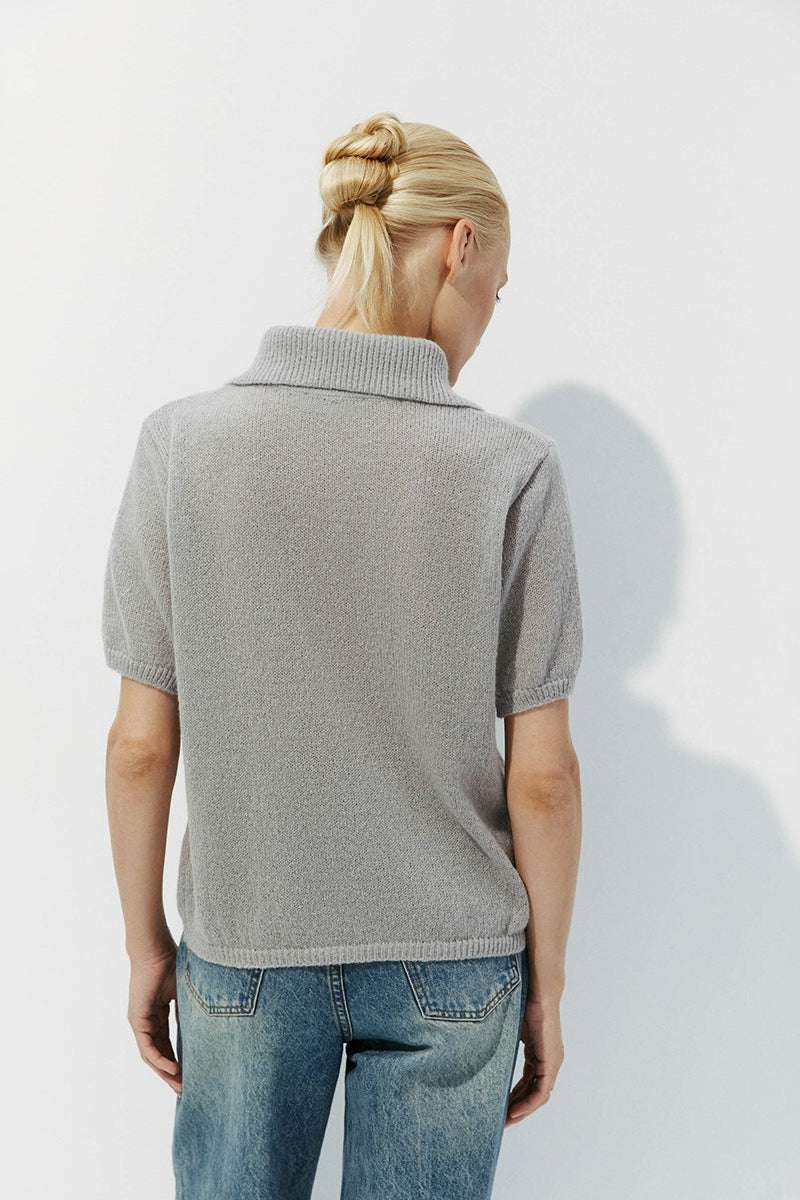 Minimalist Polo Hollow Knit Puff Sleeve Blouse