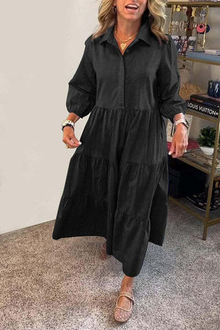 Vestido largo holgado con puños elásticos y solapa de color liso