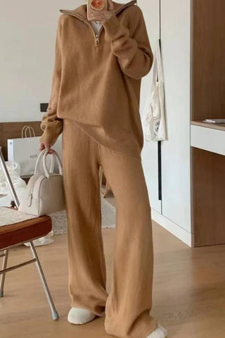 Casual Lapel Sweater and Wide-leg Pants Two-piece Suit