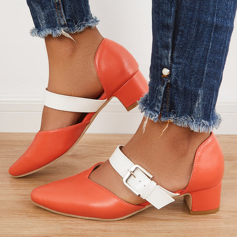 Block Low Heel Mary Jane Pumps Pointed Toe Buckle Dress Shoes