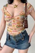 Floral Mesh Slim V Neck Tube Blouse