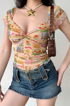 Floral Mesh Slim V Neck Tube Blouse