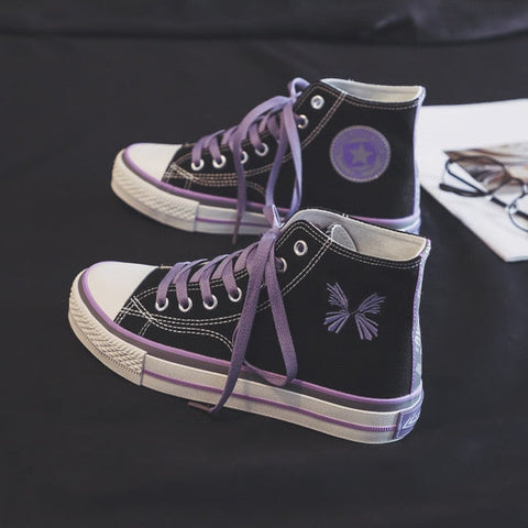 High Top Canvas Shoes Women Patchwork Cute All-Match  Lace-UpFlat Sneakers Girl Chic Reflective Embroidery Casual Shoes