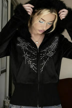 Gothic Rhinestone Fur Paneled Slim Hoodie
