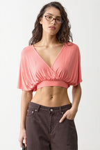 Deep V Ruched Batwing Cropped Blouse