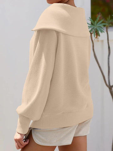 Long Sleeves Loose Solid Color Zipper Lapel Sweatshirt Tops