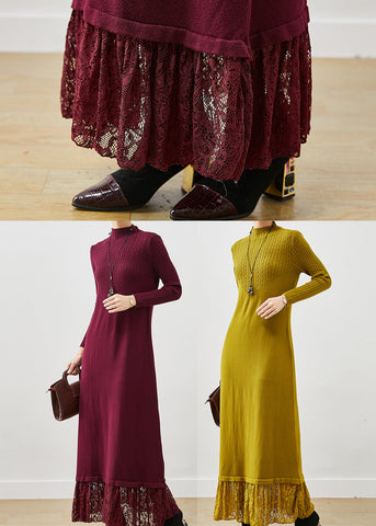 Vestido tipo suéter de punto con encaje y patchwork amarillo, corte entallado para primavera 