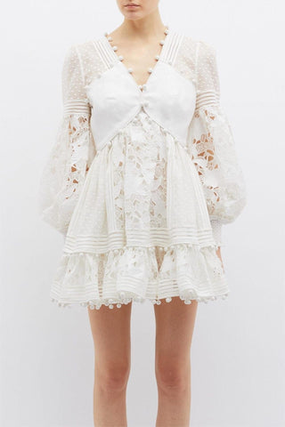 Lantern Sleeve V-Neck Lace Mini Dress White