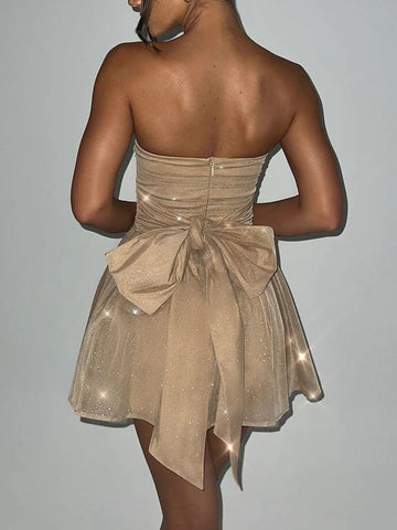 TARUXY Glänzende Pailletten Abendkleid Frauen Off Schulter Schlank Rüschen Mini Kleider Dame Party Bogen Bandage Sexy Rückenfreies Kleid Frau 