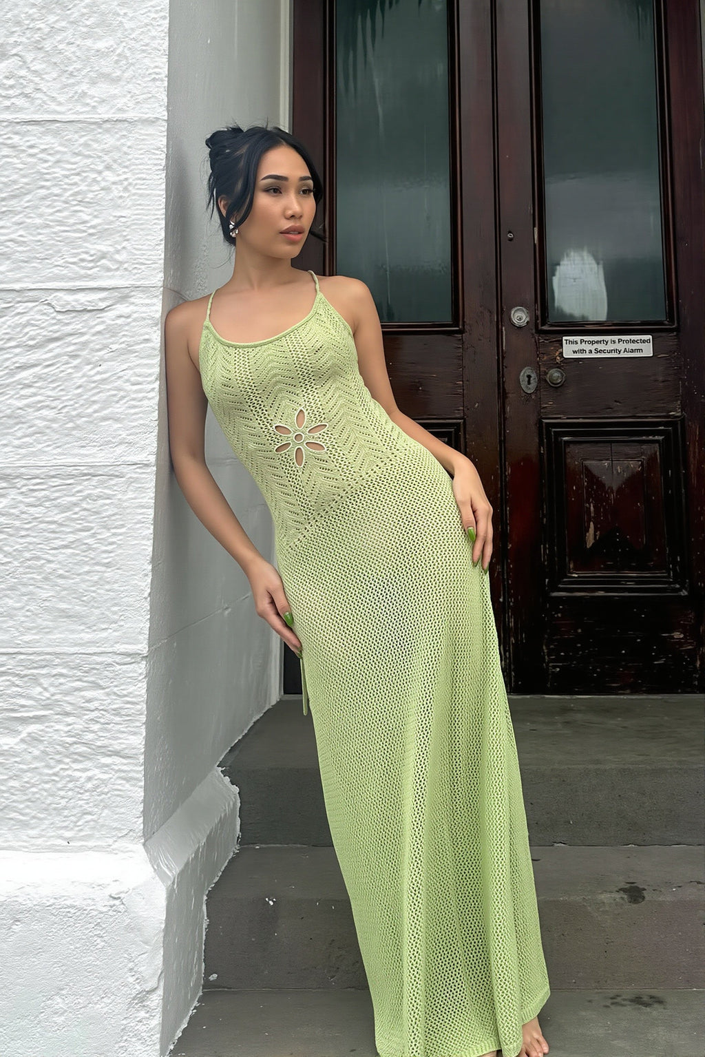 Solid Knit Backless Floral Cutout Maxi Dress