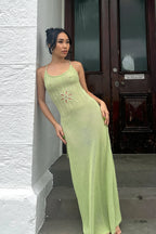 Solid Knit Backless Floral Cutout Maxi Dress
