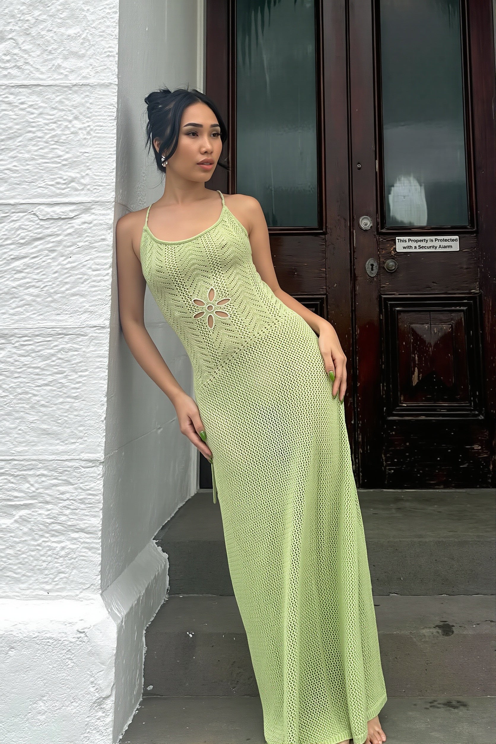 Solid Knit Backless Floral Cutout Maxi Dress