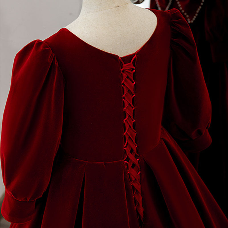 Vestido de niña de las flores para comunión, elegante vestido de princesa de manga larga con lazo de terciopelo rojo 