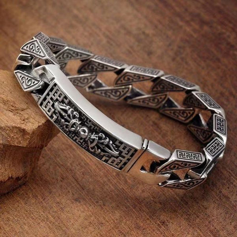 Sterling Silver Six Character Truth Vajra Pestle Protection Curb Chain Bracelet