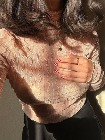 TARUXY Sheer See Through T-shirts Women Long Sleeve Turtleneck Slim Tshirt High Street Elastic Casual Basic Shirts Tee Y2K Tops
