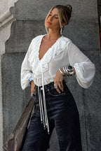 White Ruffled V Neck Lantern Sleeve Blouse