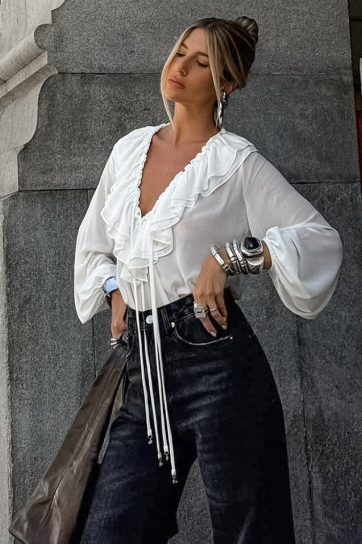 White Ruffled V Neck Lantern Sleeve Blouse
