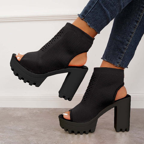 Mesh Peep Toe Platform Chunky High Heels Slingback Sandals