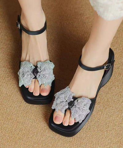 Schicke Zirkonia Schleife Spleißen Keil Sandalen Blau Rindsleder 